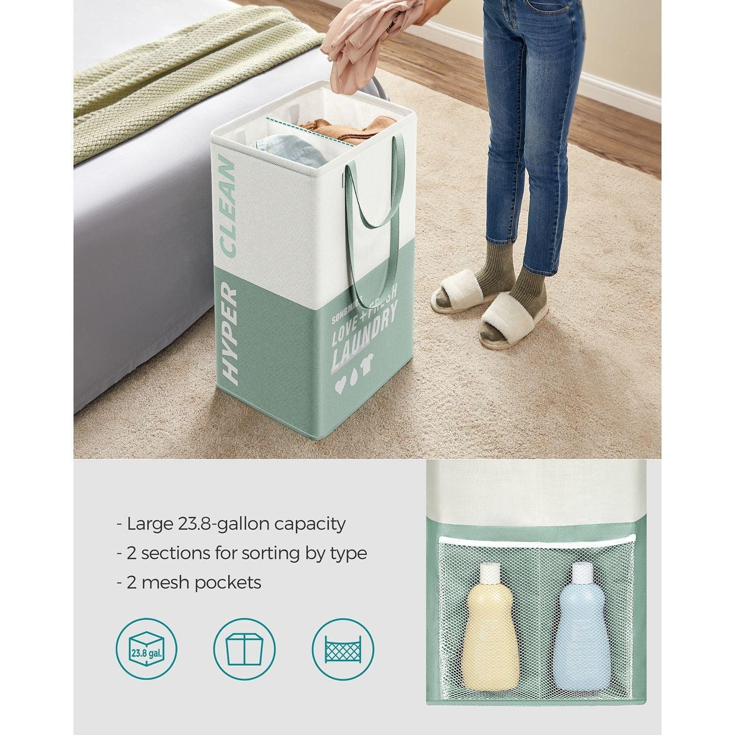 Laundry Basket with 2 Compartments Mint Green FredCo