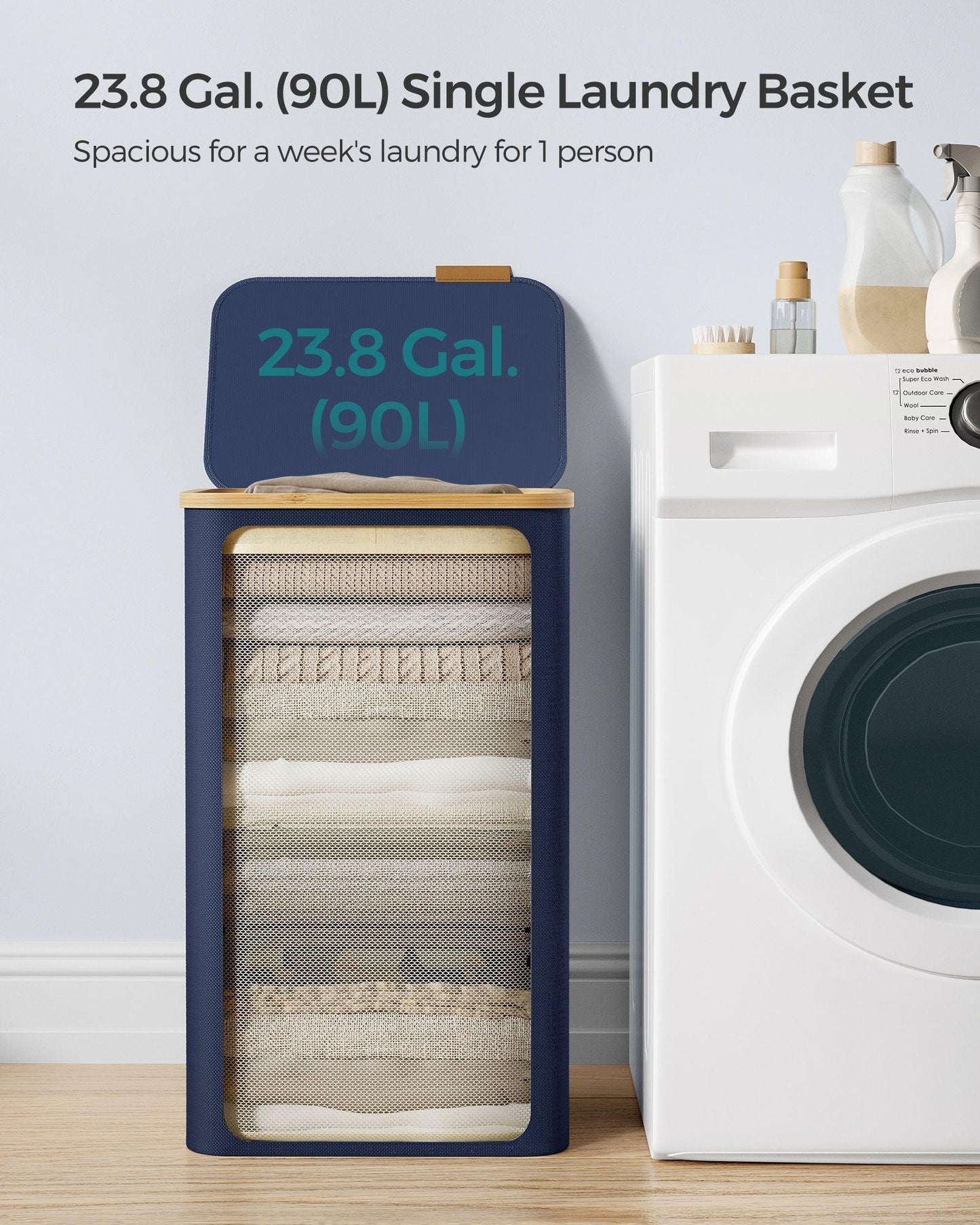 Laundry Hamper with Lid, Large Laundry Basket, 23.8 Gallons (90L), Blue FredCo