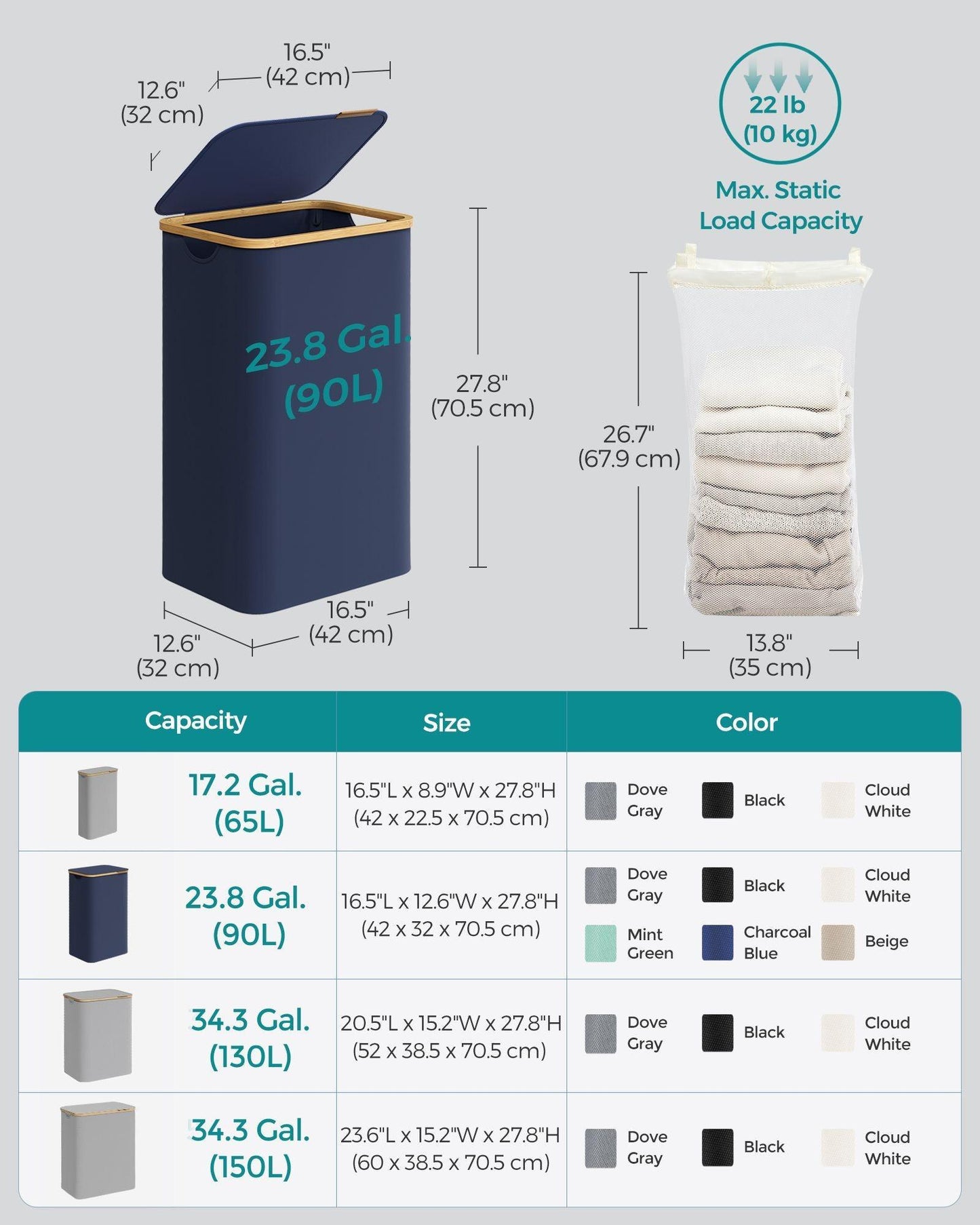 Laundry Hamper with Lid, Large Laundry Basket, 23.8 Gallons (90L), Blue FredCo