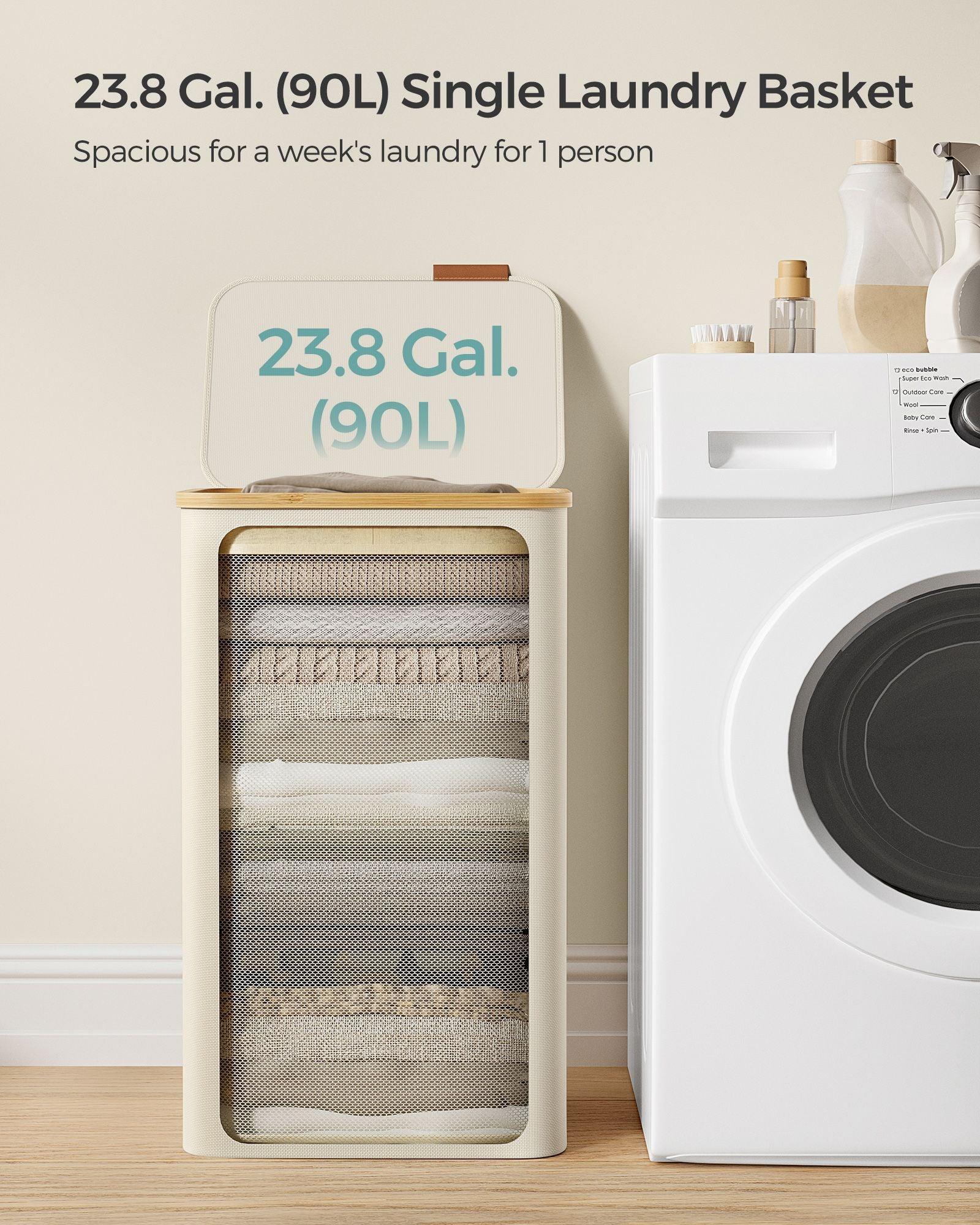 Laundry Hamper with Lid, Large Laundry Basket, 23.8 Gallons (90L), Cream White FredCo