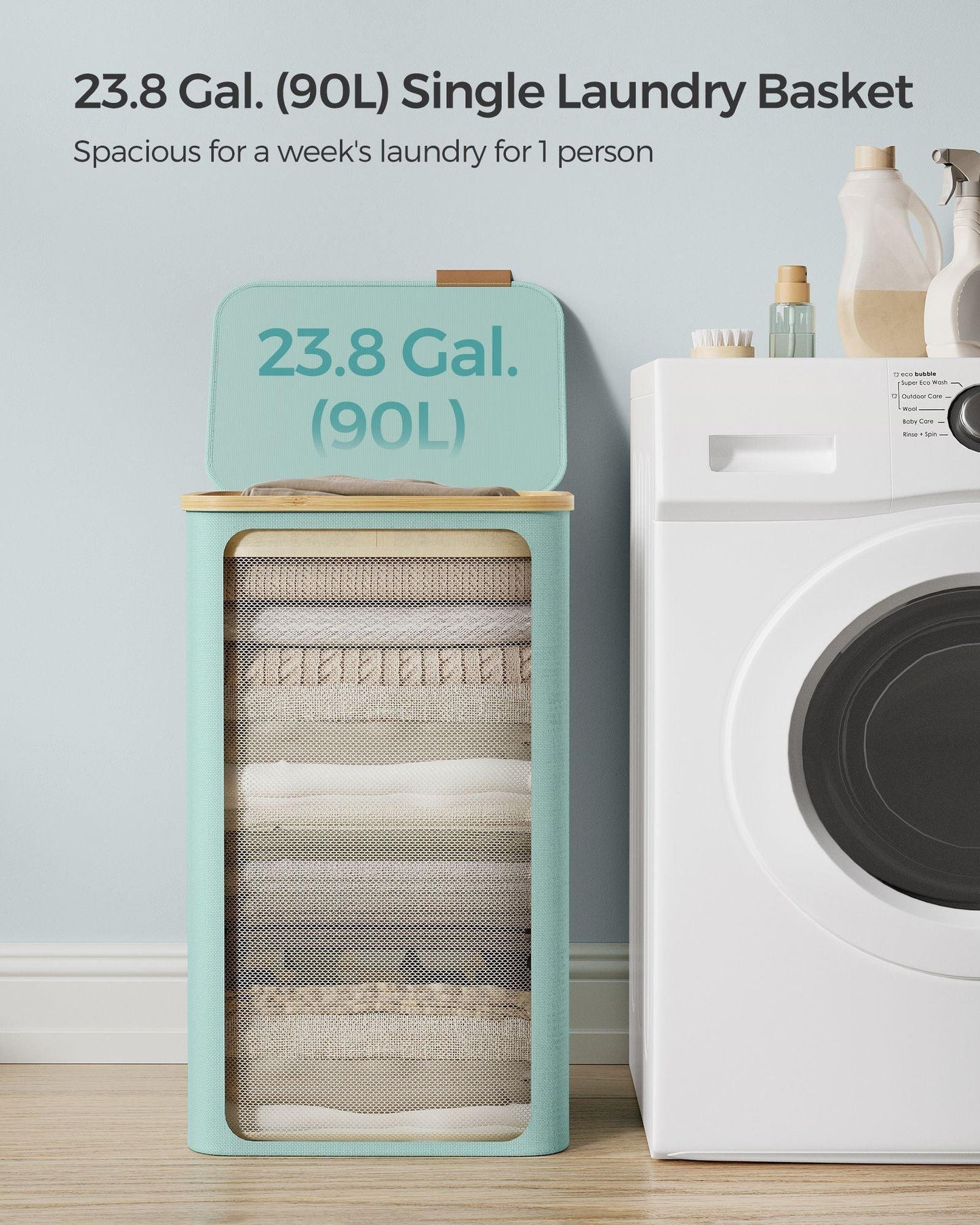 Laundry Hamper with Lid, Large Laundry Basket, 23.8 Gallons (90L), Mint Green FredCo