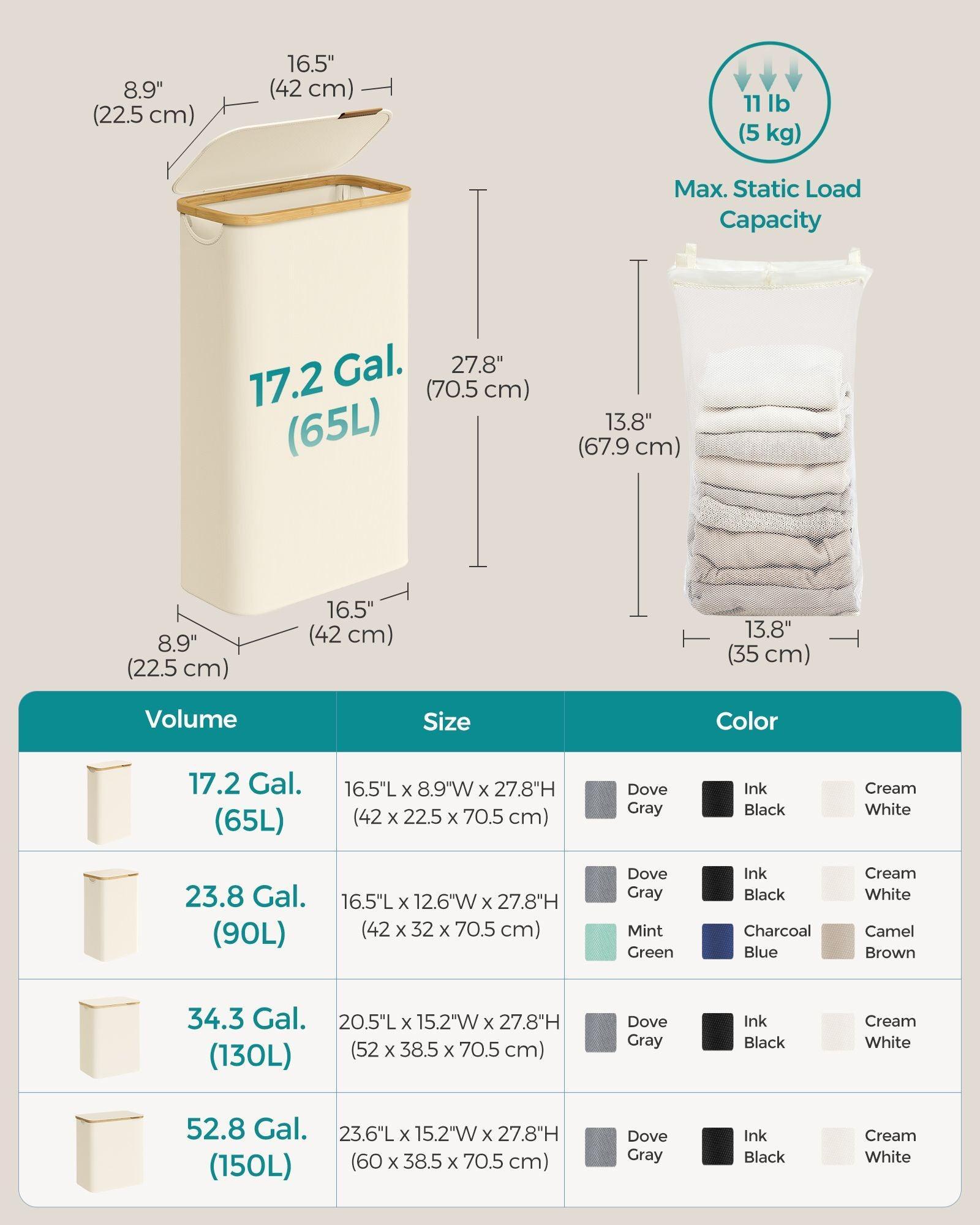 Laundry Hamper with Lid, Slim Laundry Basket, 17.2 Gallons (65L), Cream White FredCo