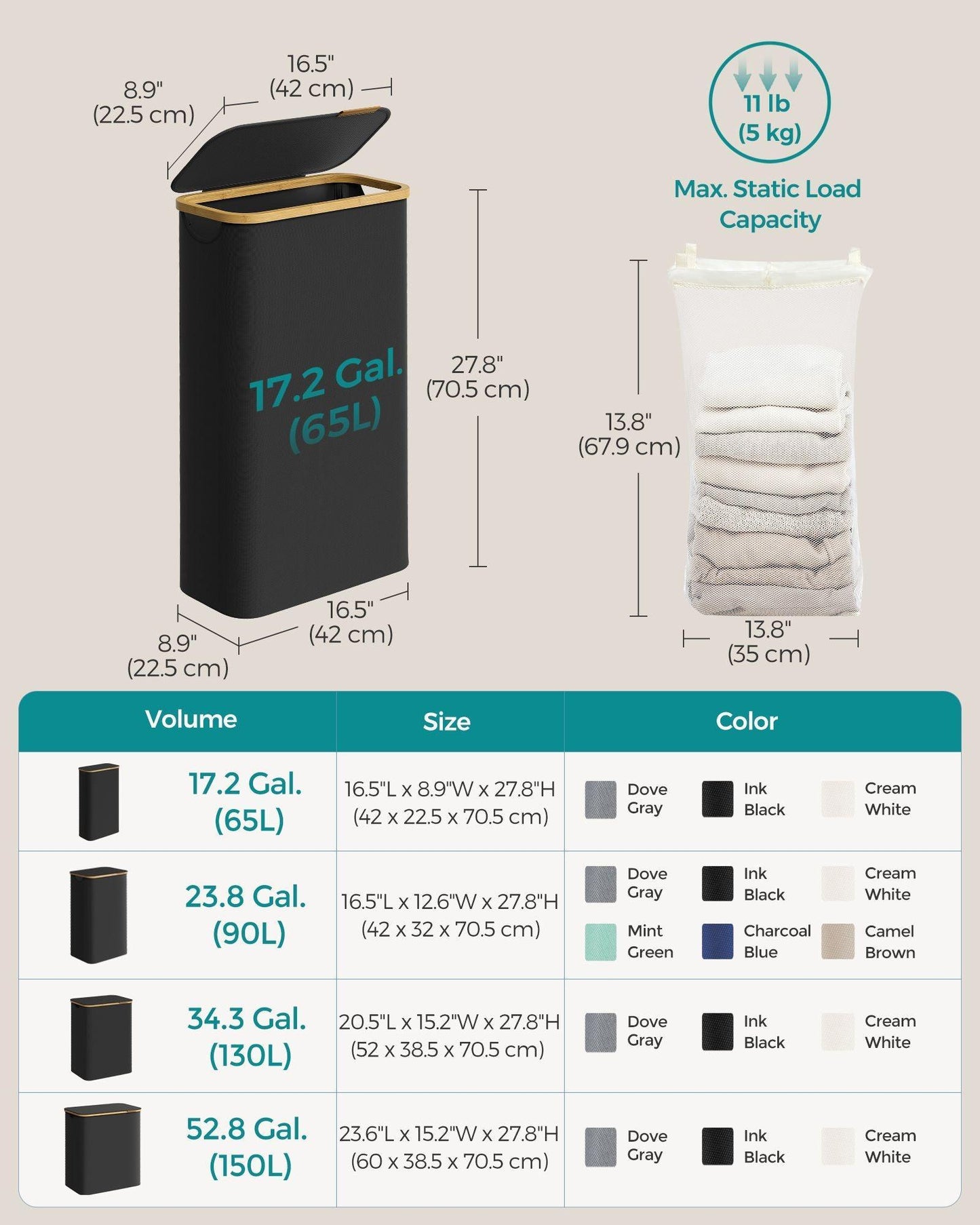 Laundry Hamper with Lid, Slim Laundry Basket, 17.2 Gallons (65L), Ink Black FredCo