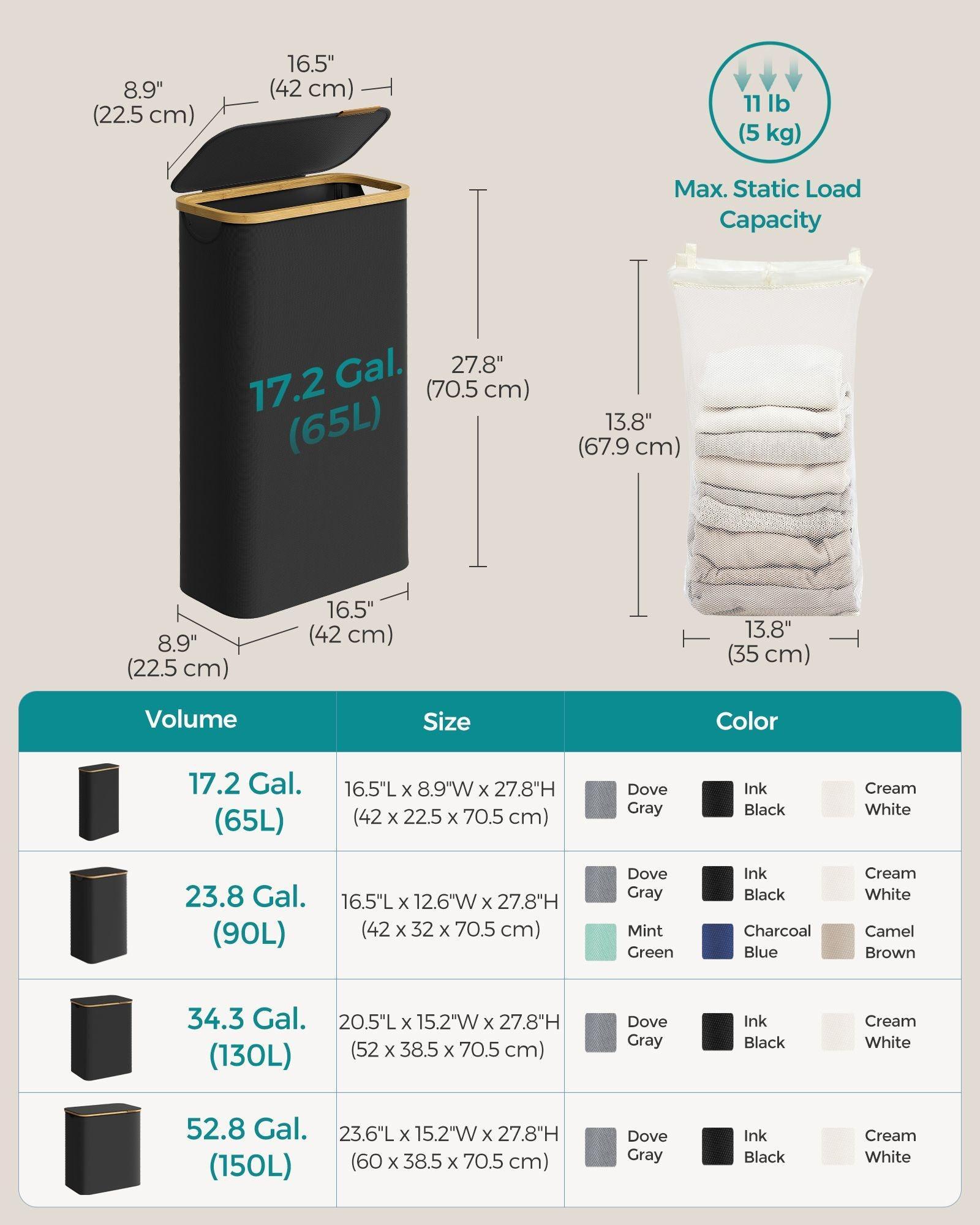 Laundry Hamper with Lid, Slim Laundry Basket, 17.2 Gallons (65L), Ink Black FredCo