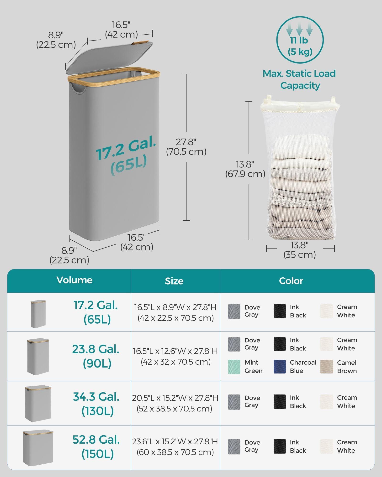 Laundry Hamper with Lid, Slim Laundry Basket, 17.2 Gallons (65L), Space-Saving, Dove Gray FredCo