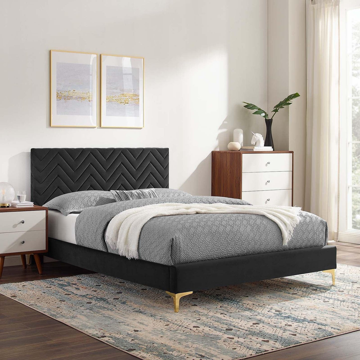 Leah Chevron Tufted Performance Velvet Queen Platform Bed, MOD-6977 FredCo