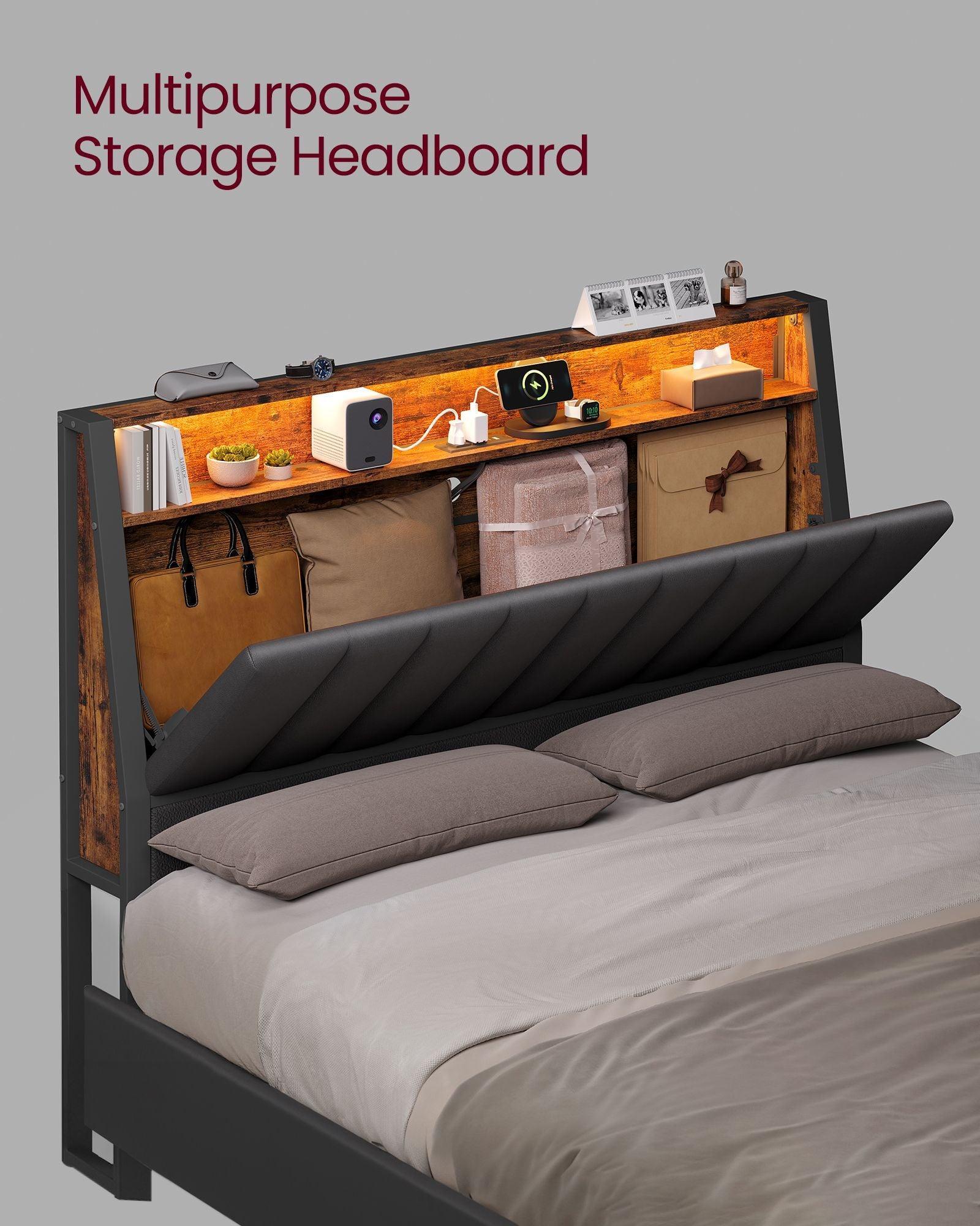 LED Bed Frame Full Size, Storage Headboard and Charging Station FredCo