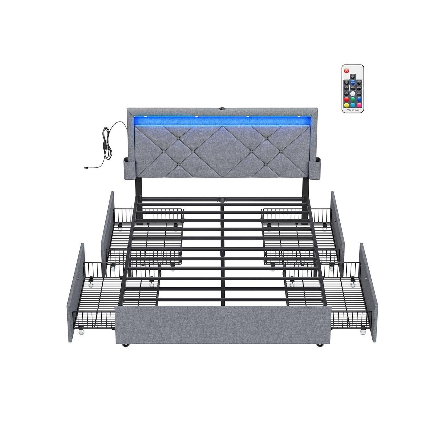 LED Bed Frame Full Size with Headboard and 4 Drawers FredCo