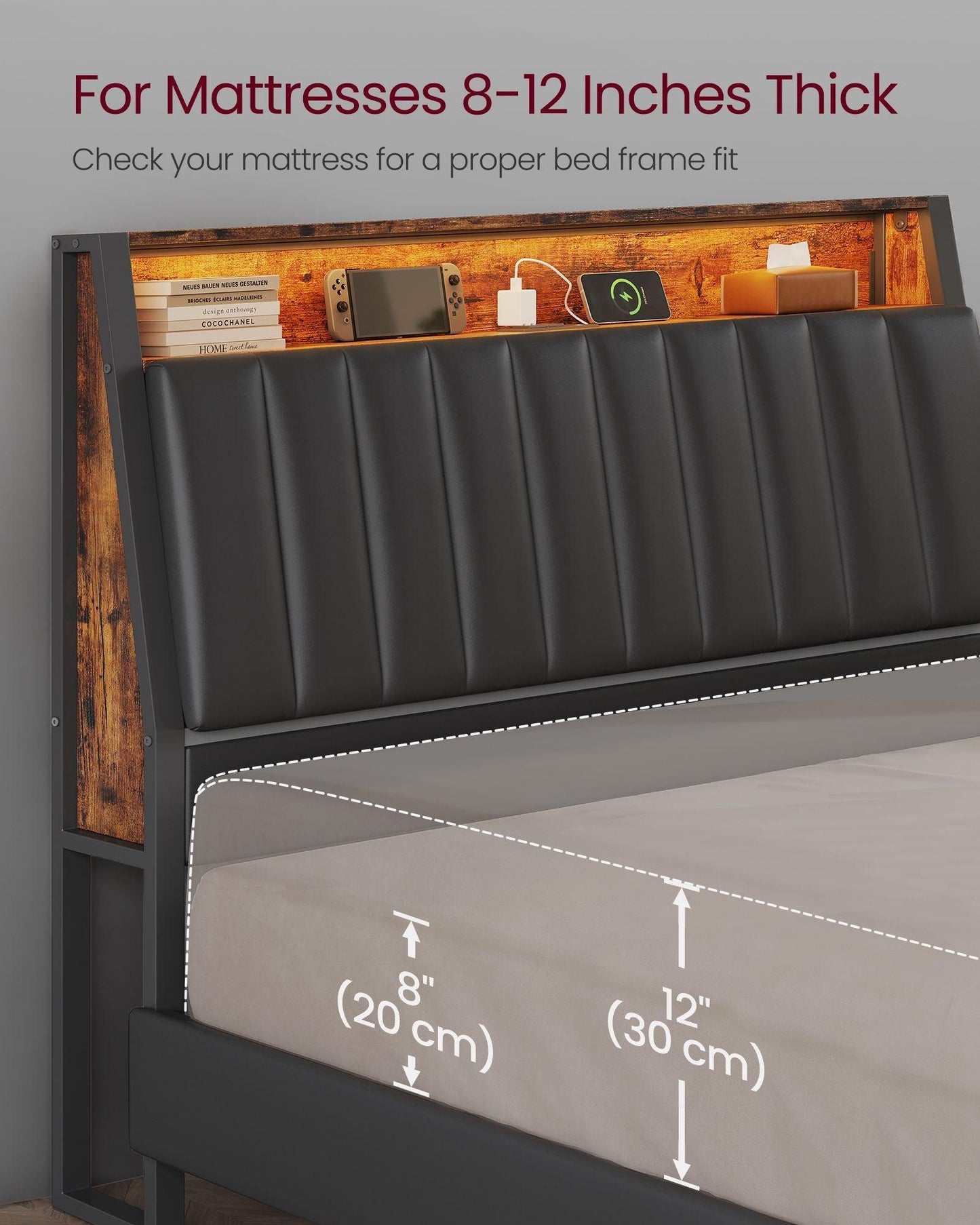 LED Bed Frame Queen Size, Storage Headboard and Charging Station FredCo