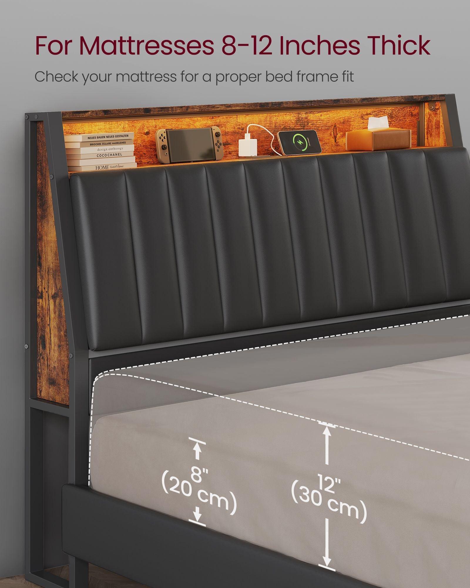 LED Bed Frame Queen Size, Storage Headboard and Charging Station FredCo