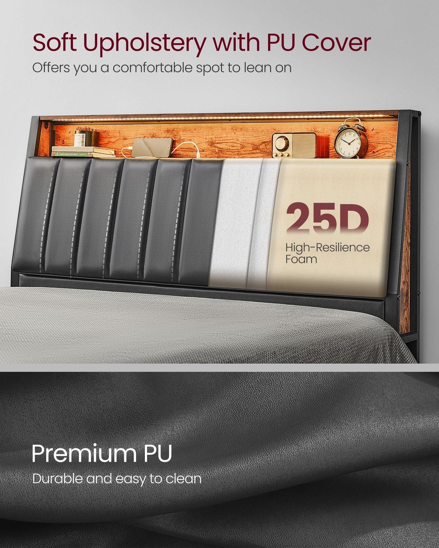 LED Bed Frame Queen Size, Storage Headboard and Charging Station FredCo