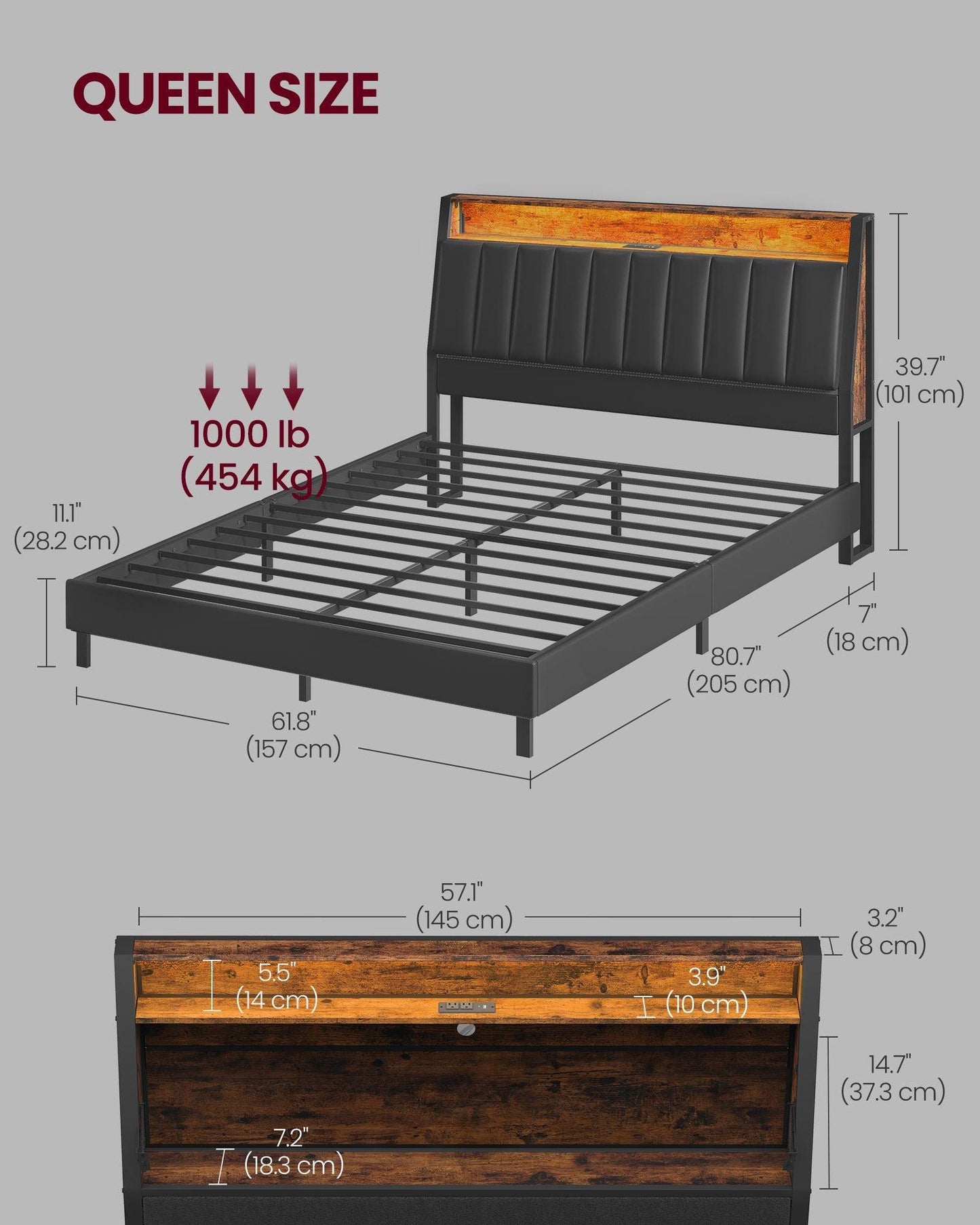 LED Bed Frame Queen Size, Storage Headboard and Charging Station FredCo