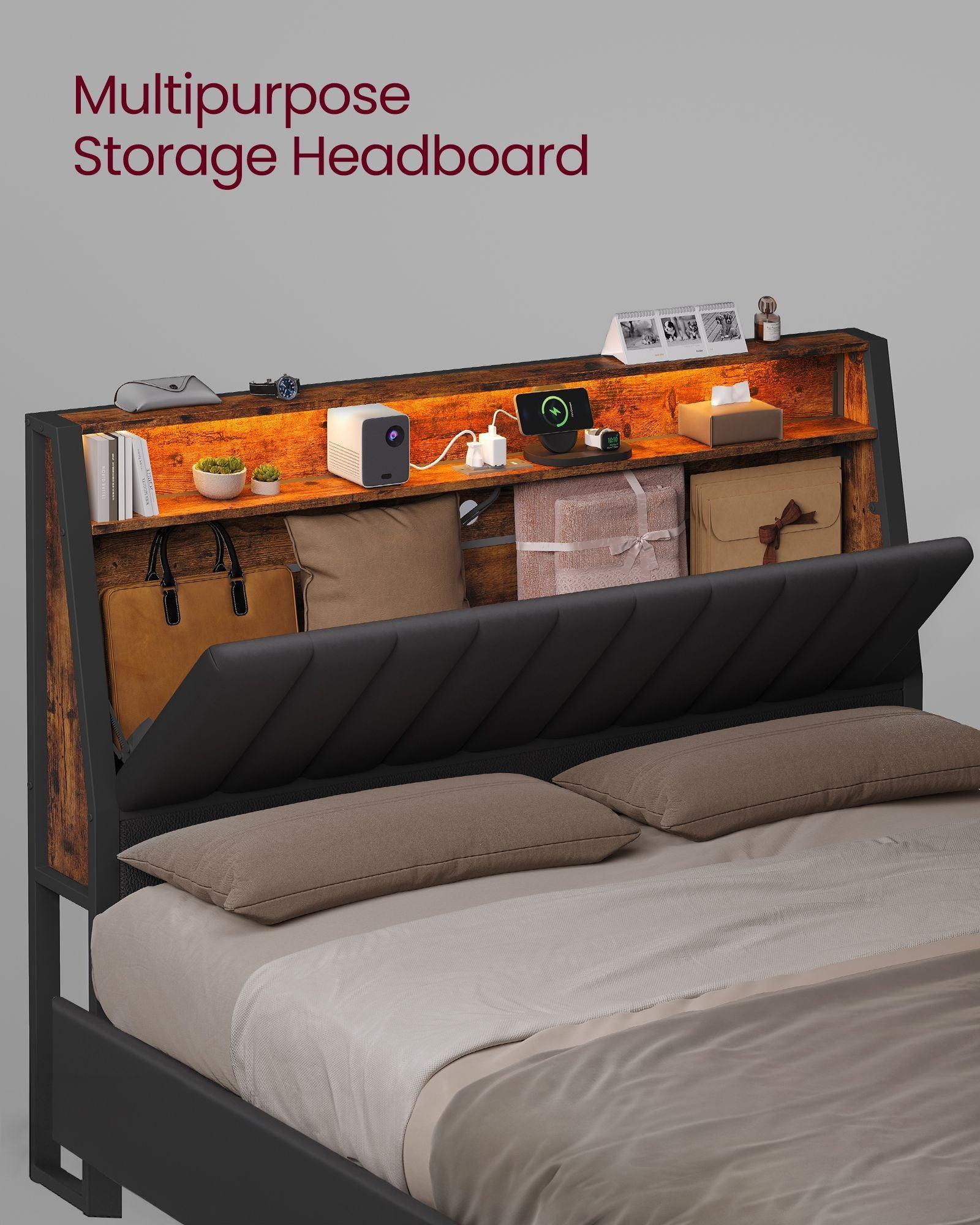 LED Bed Frame Queen Size, Storage Headboard and Charging Station FredCo