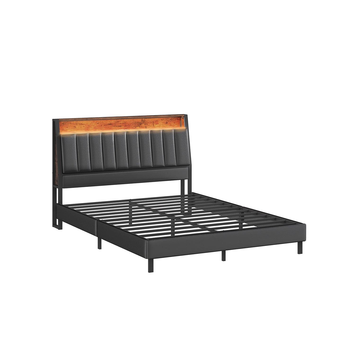 LED Bed Frame Queen Size, Storage Headboard and Charging Station FredCo