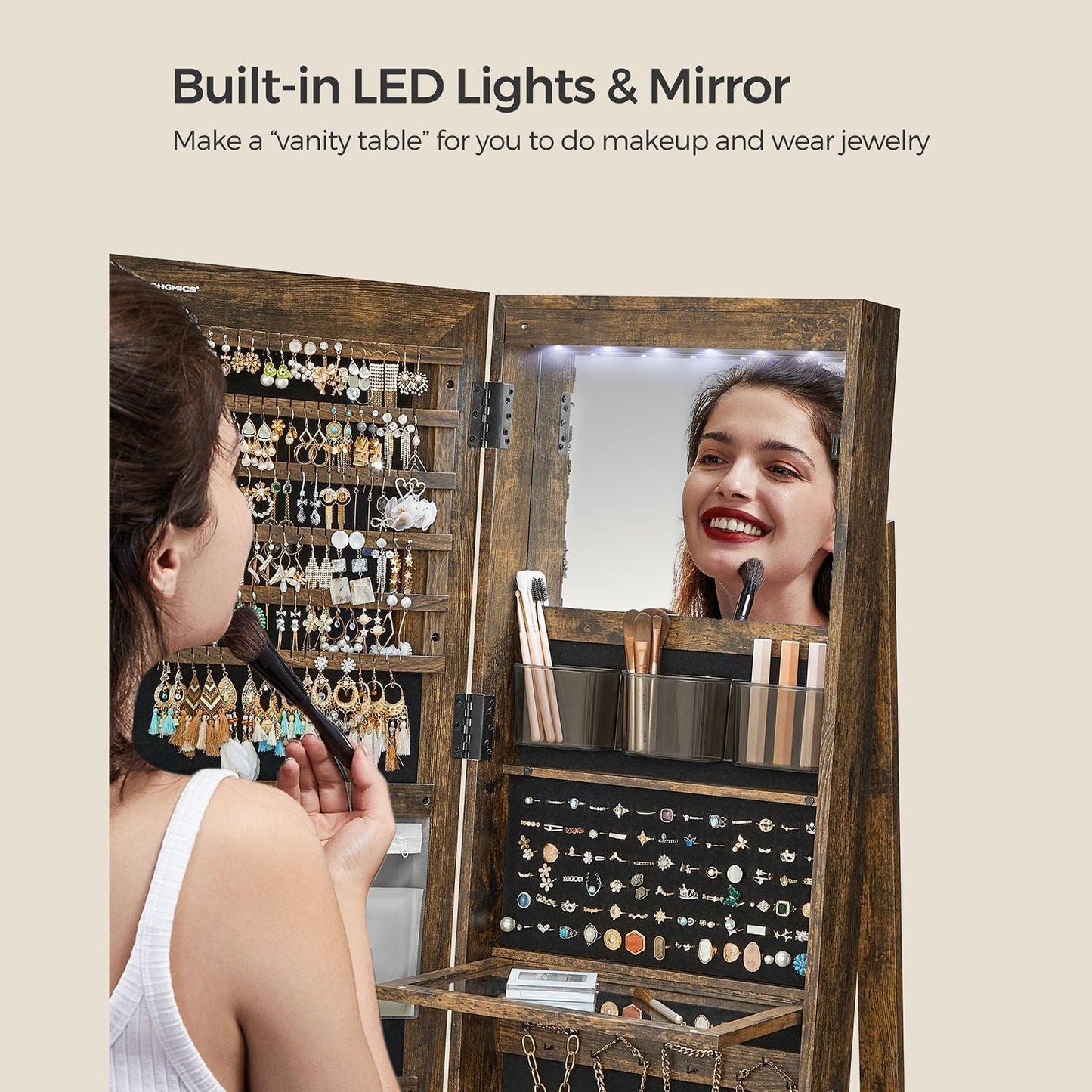 LED Mirror Jewelry Cabinet, Rustic Brown FredCo