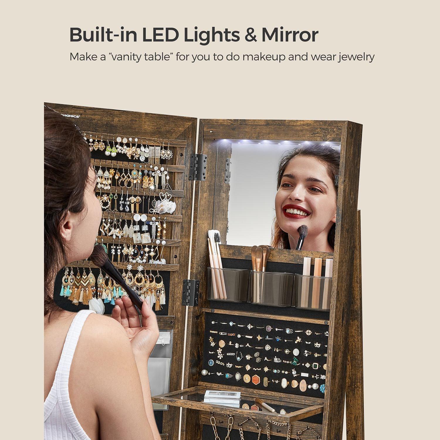LED Mirror Jewelry Cabinet, Rustic Brown FredCo