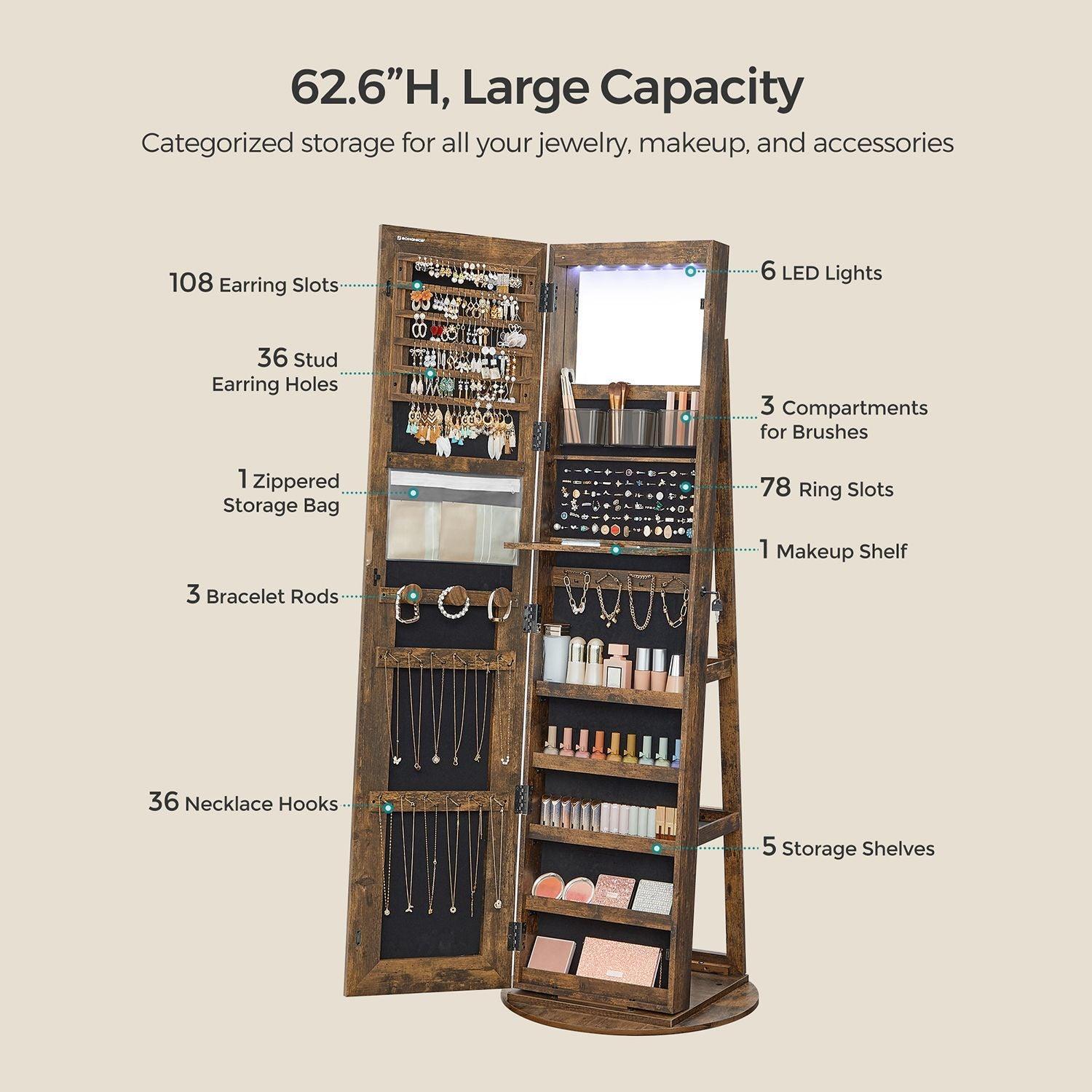 LED Mirror Jewelry Cabinet, Rustic Brown FredCo
