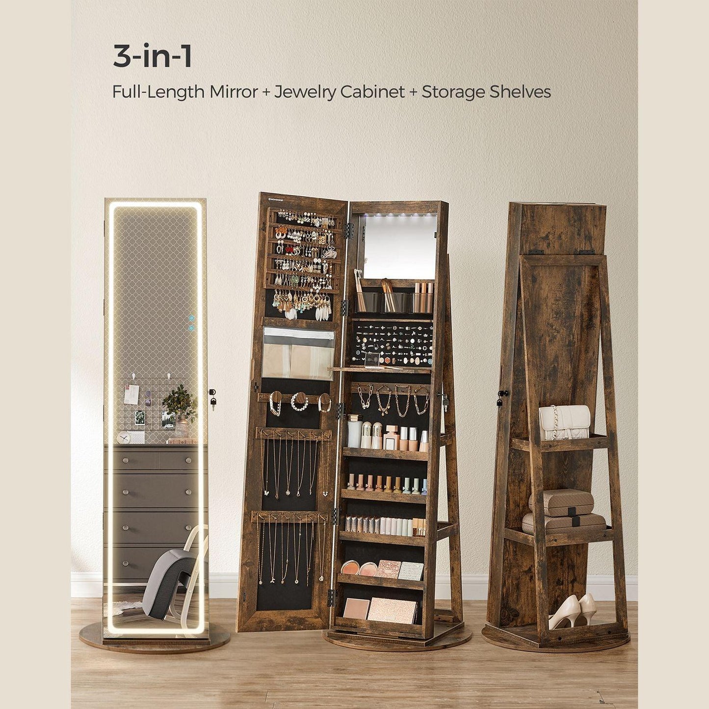 LED Mirror Jewelry Cabinet, Rustic Brown FredCo