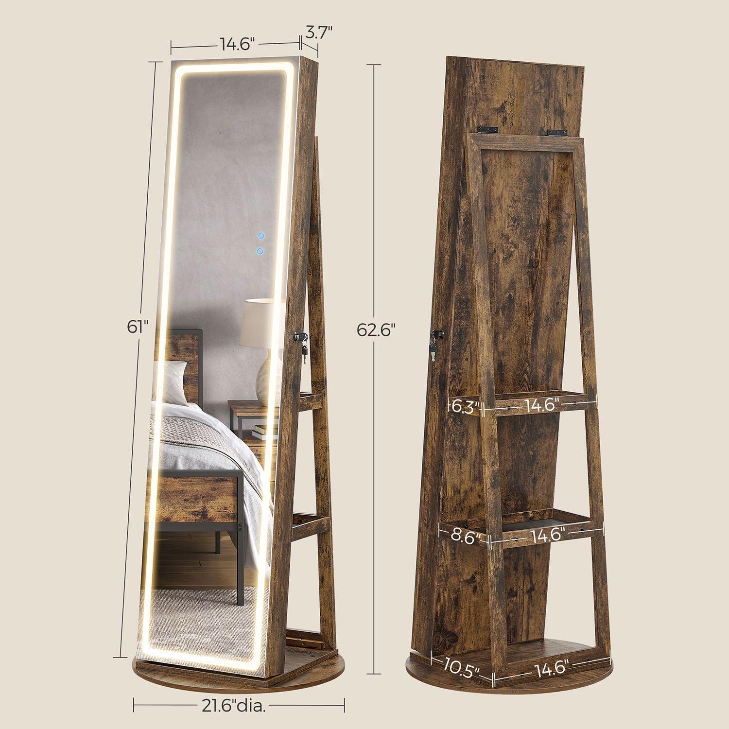 LED Mirror Jewelry Cabinet, Rustic Brown FredCo