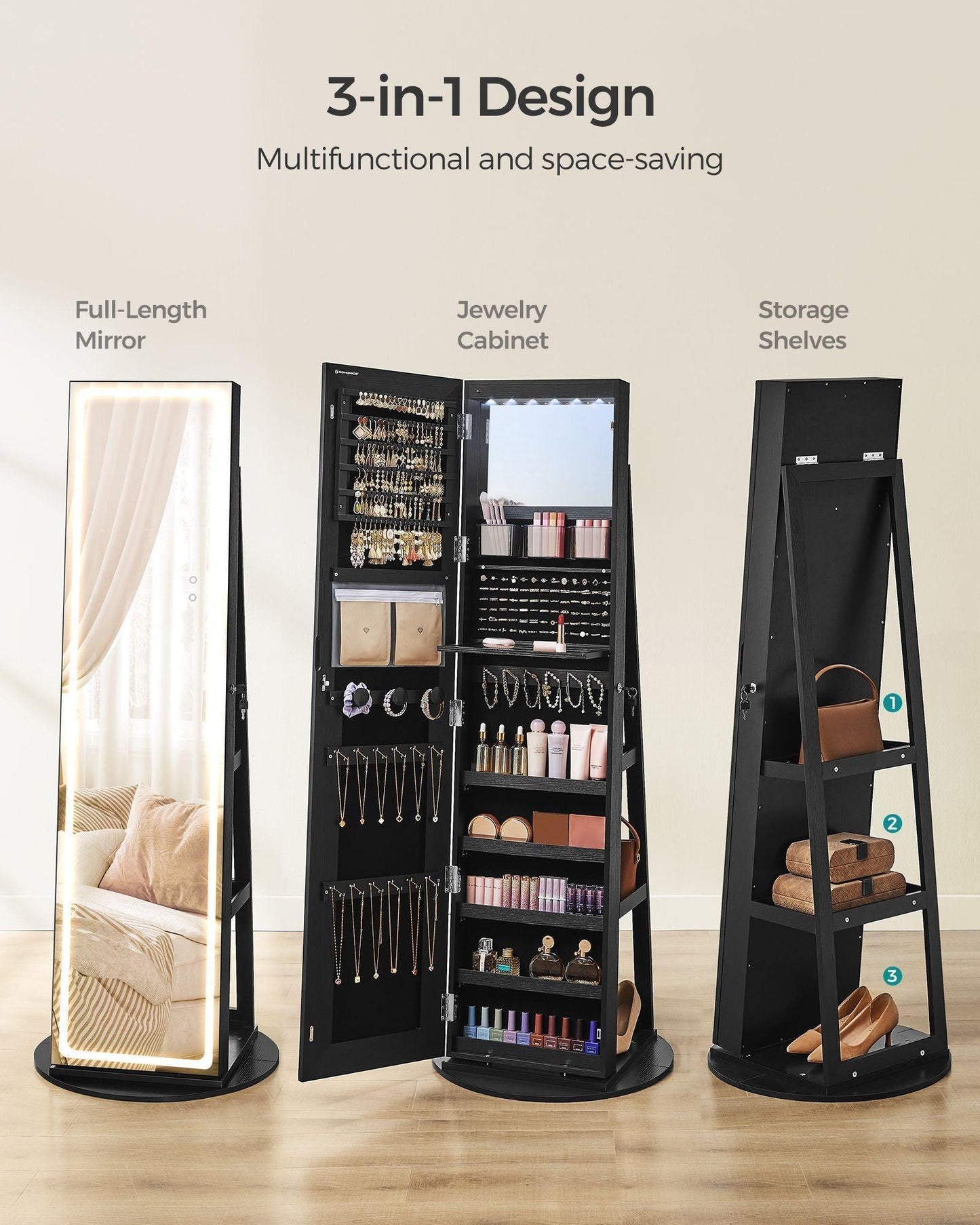 LED Mirror Jewelry Cabinet Standing Ink Black FredCo