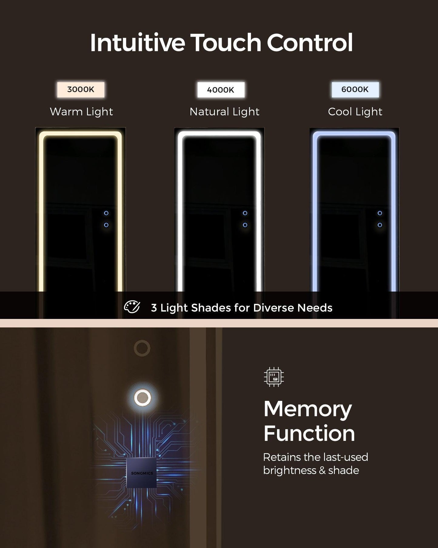 LED Mirror Jewelry Cabinet Standing Ink Black FredCo