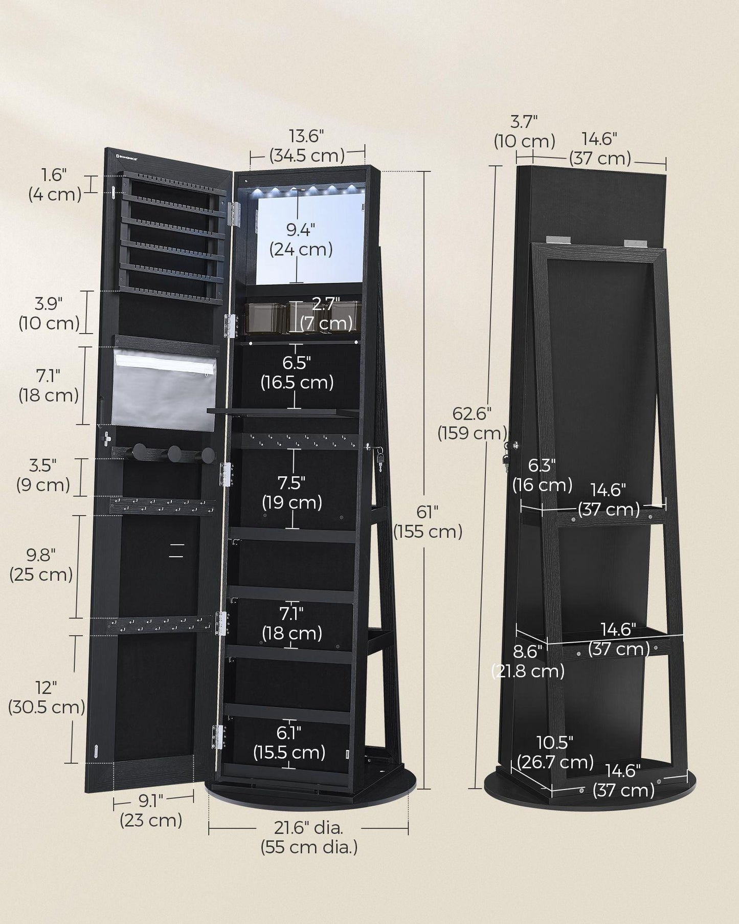 LED Mirror Jewelry Cabinet Standing Ink Black FredCo