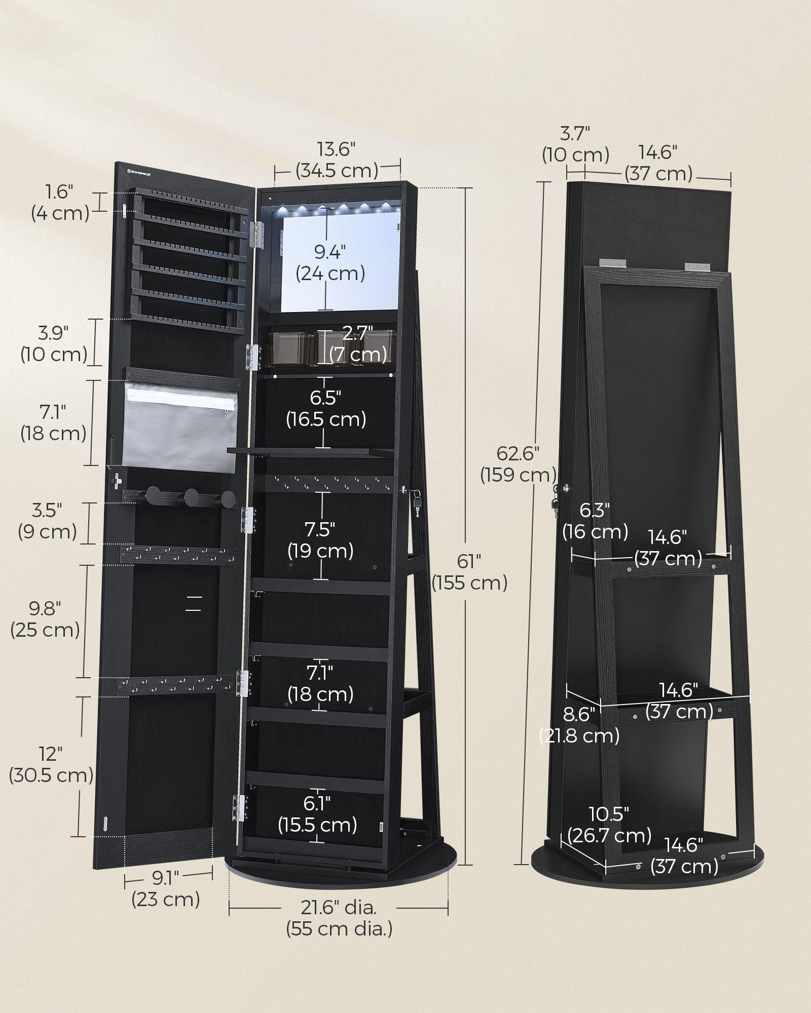 LED Mirror Jewelry Cabinet Standing Ink Black FredCo