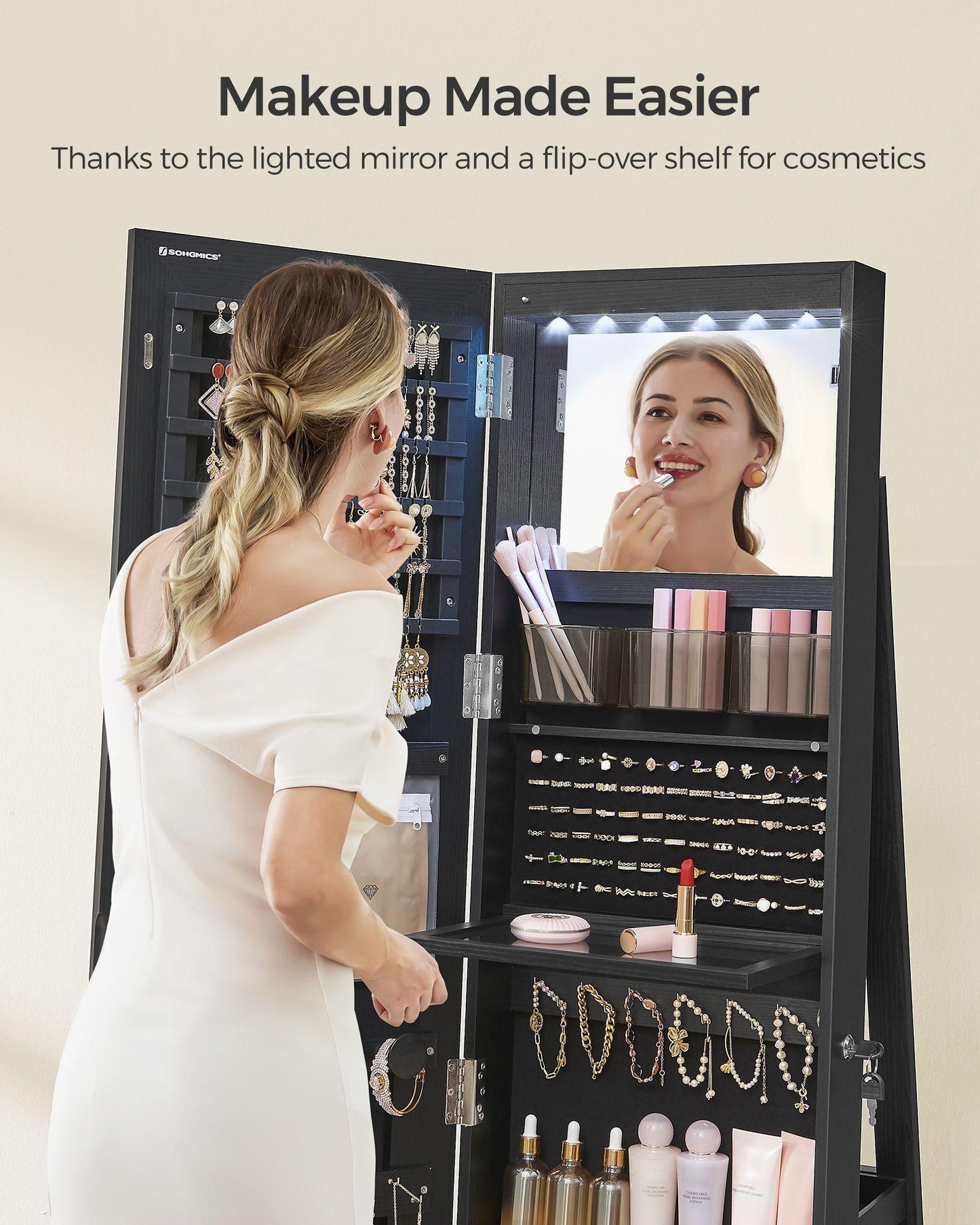 LED Mirror Jewelry Cabinet Standing Ink Black FredCo