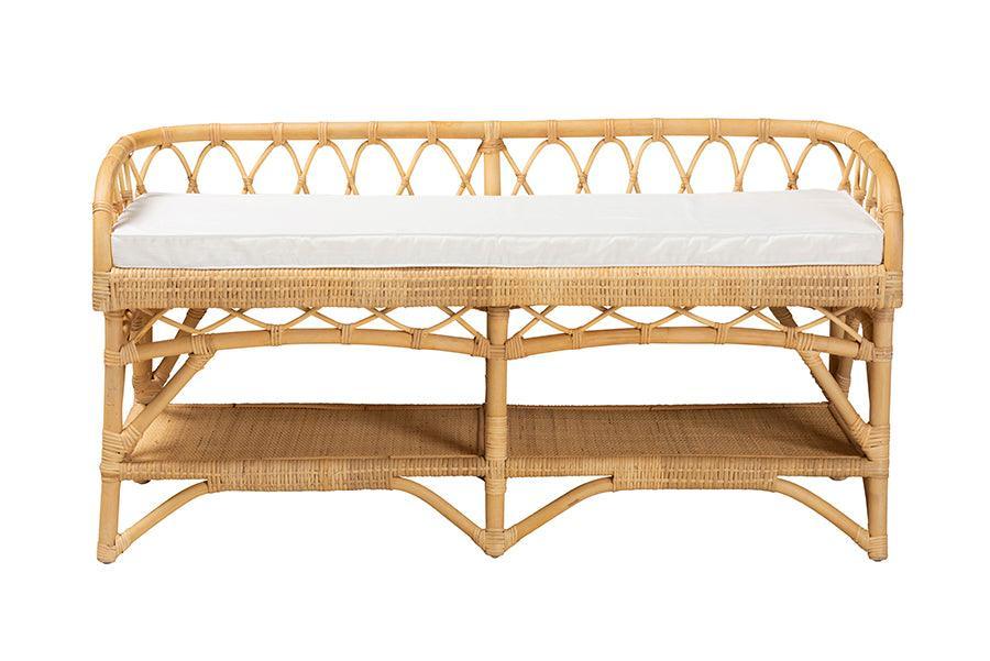 Leryn Modern Bohemian Natural Brown Rattan Bench FredCo