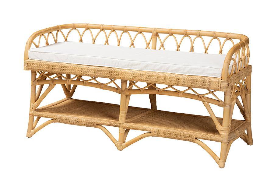 Leryn Modern Bohemian Natural Brown Rattan Bench FredCo