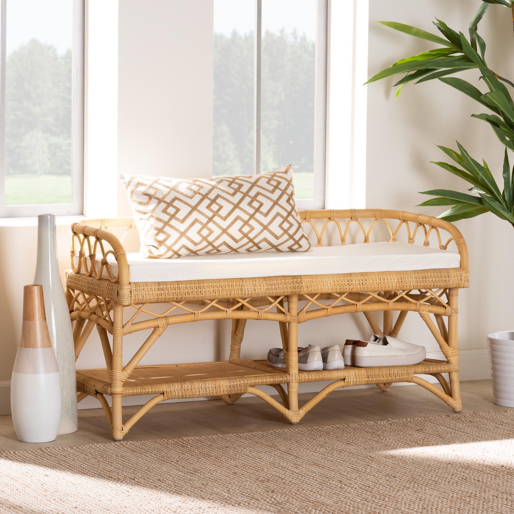 Leryn Modern Bohemian Natural Brown Rattan Bench FredCo
