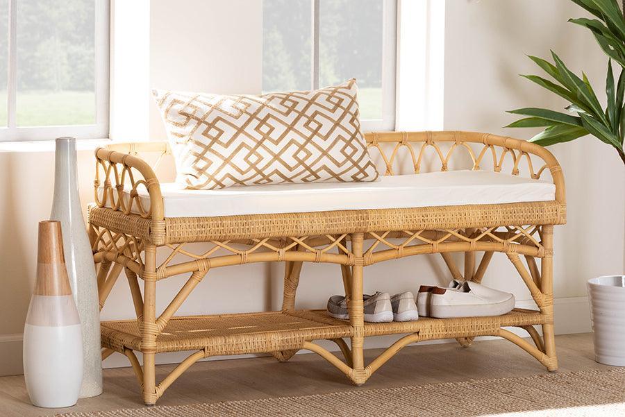 Leryn Modern Bohemian Natural Brown Rattan Bench FredCo