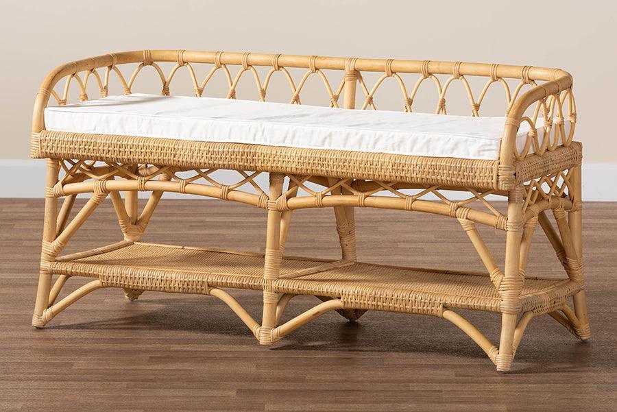 Leryn Modern Bohemian Natural Brown Rattan Bench FredCo