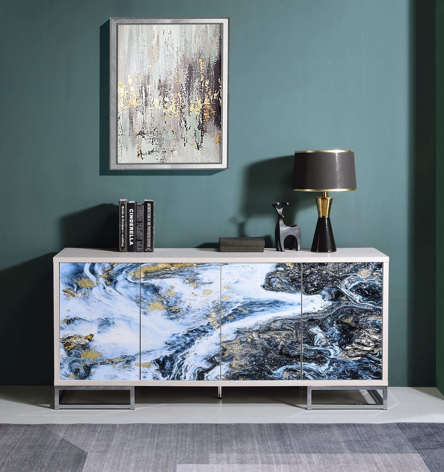 Liam Blue Marble Paint & Chrome Finish Console Cabinet FredCo