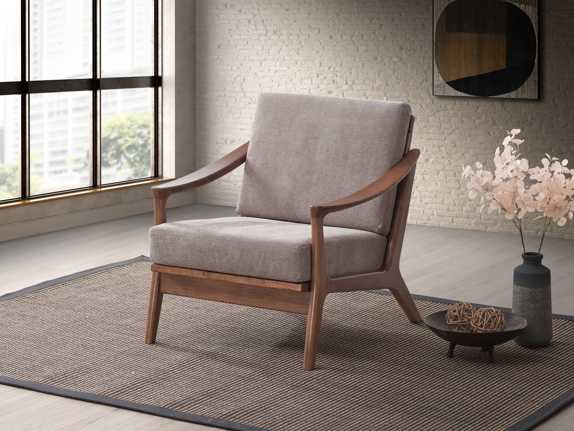 Lide Light Brown Fabric & Brown Finish Accent Chair FredCo