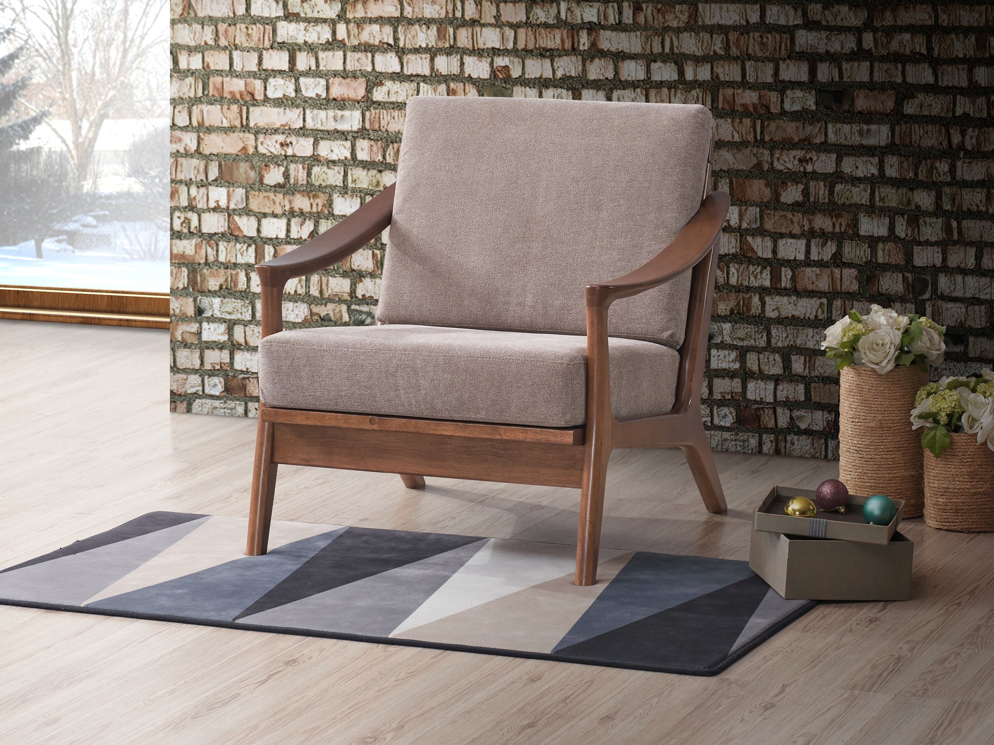 Lide Light Brown Fabric & Brown Finish Accent Chair FredCo