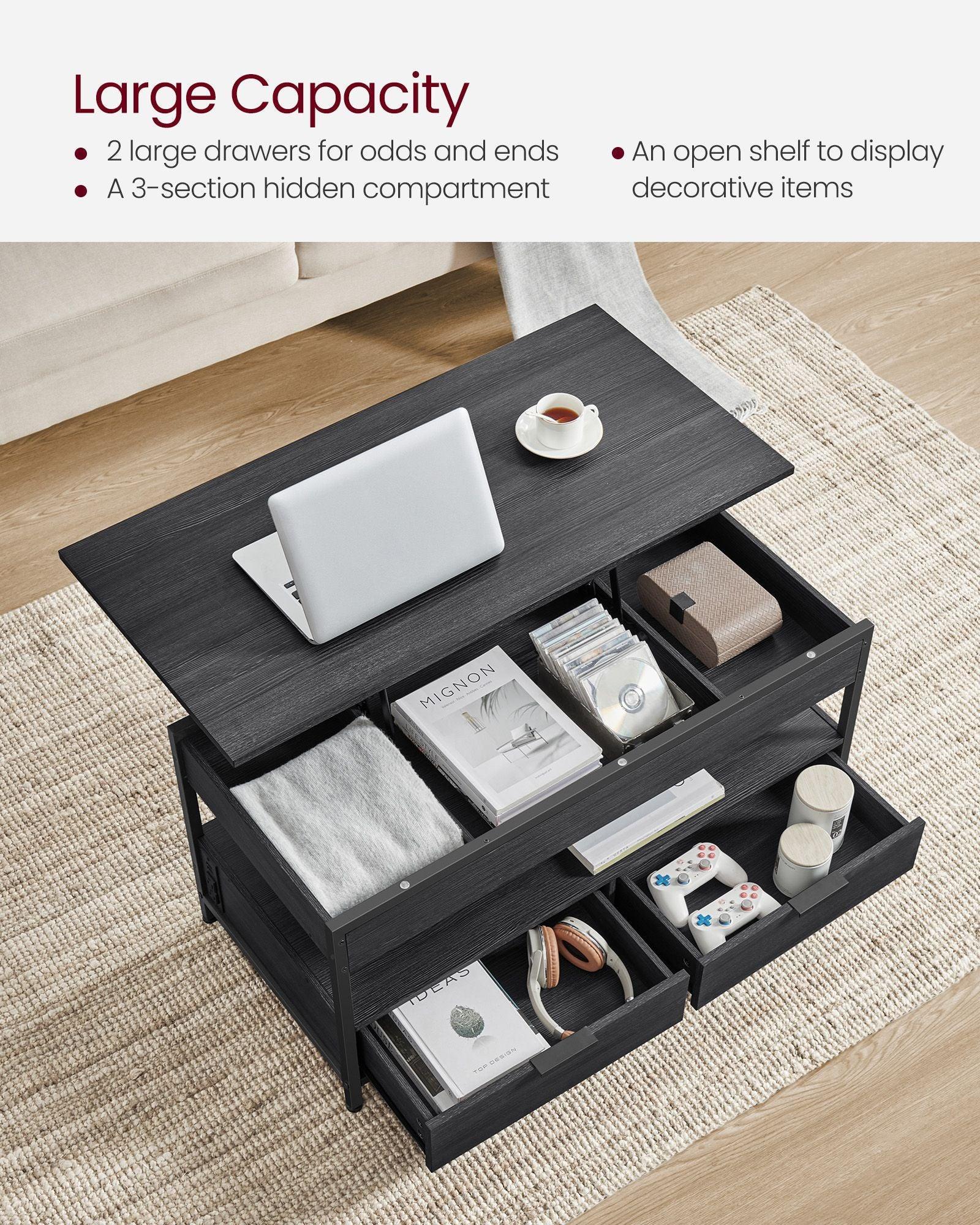 Lift Top Coffee Table with Power Outlet Charcoal Gray and Classic Black FredCo