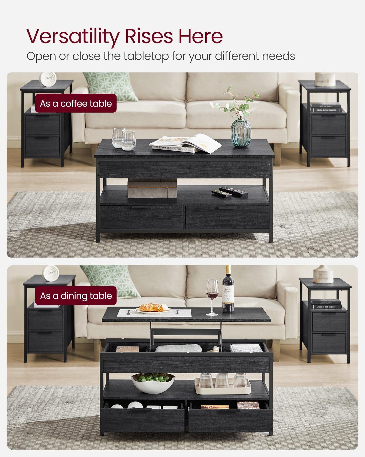 Lift Top Coffee Table with Power Outlet Charcoal Gray and Classic Black FredCo