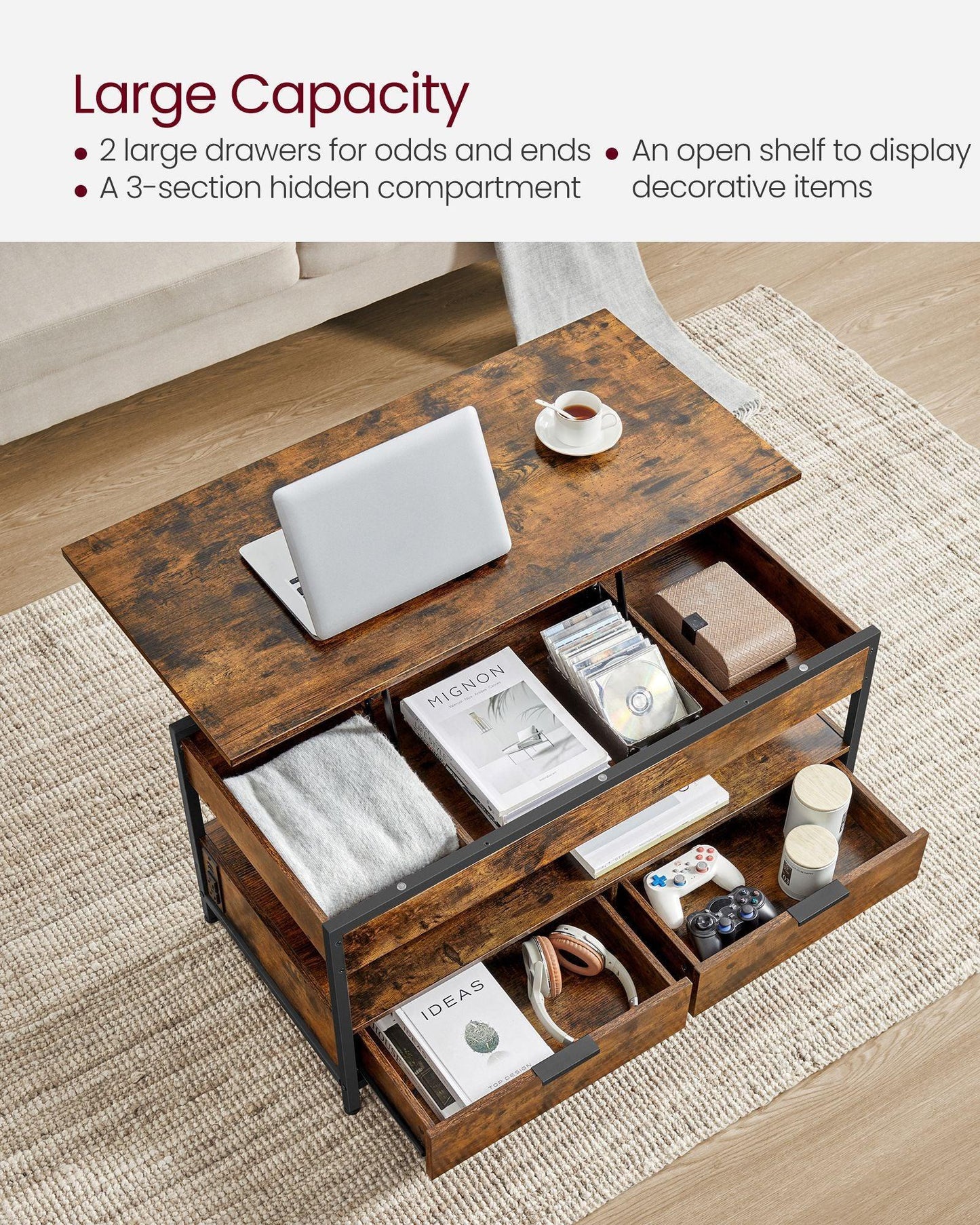 Lift Top Coffee Table with Power Outlet Rustic Brown and Classic Black FredCo