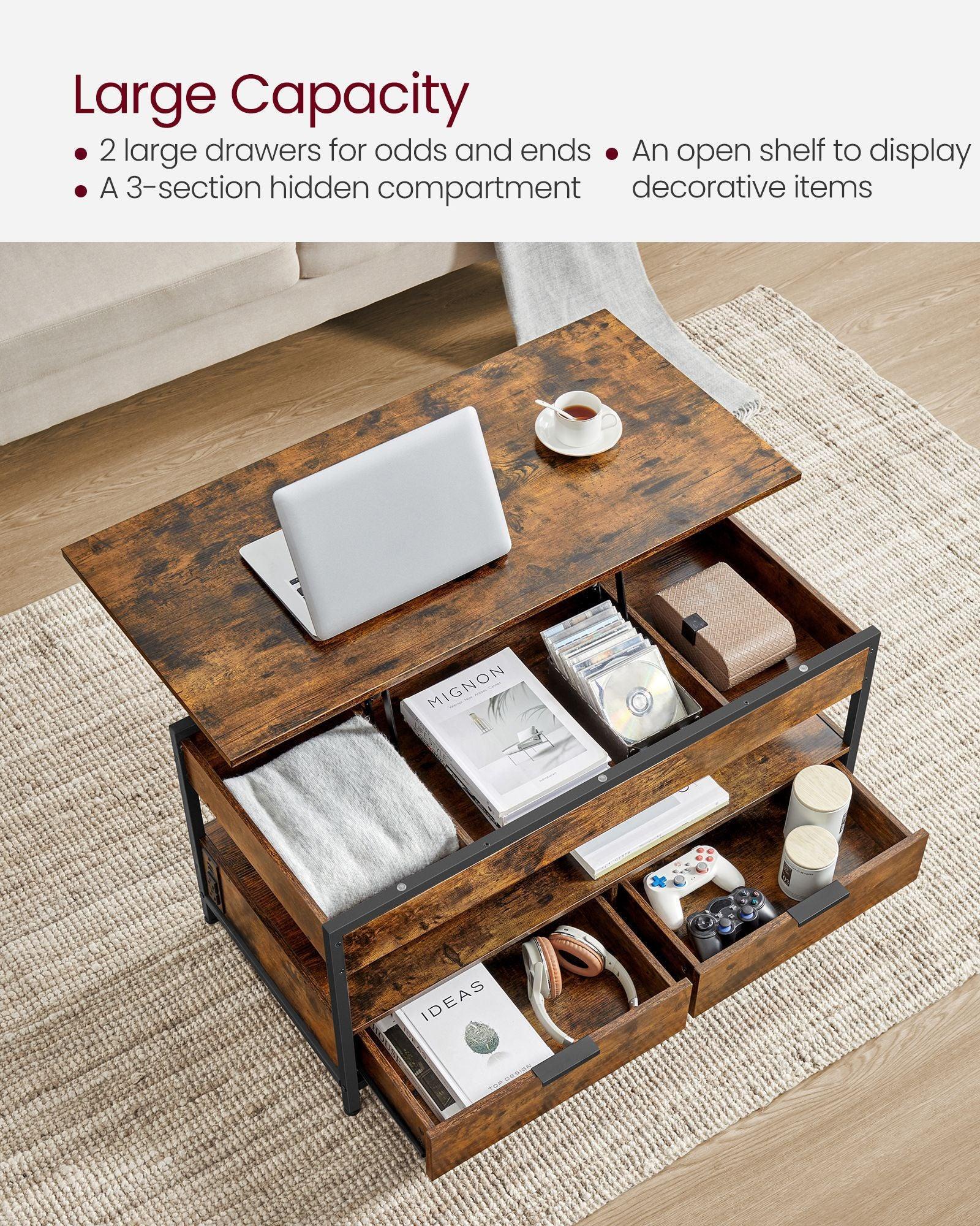 Lift Top Coffee Table with Power Outlet Rustic Brown and Classic Black FredCo