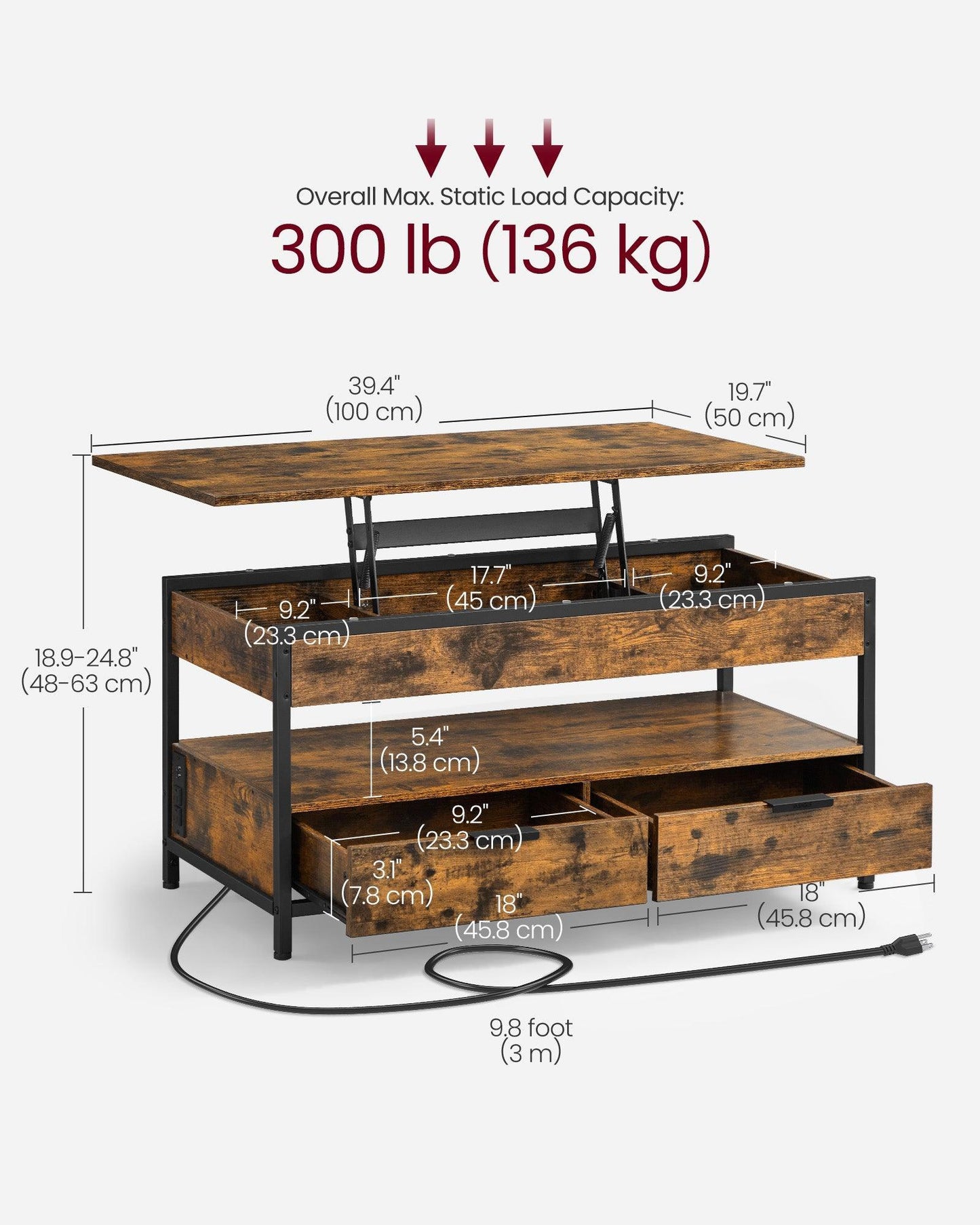 Lift Top Coffee Table with Power Outlet Rustic Brown and Classic Black FredCo