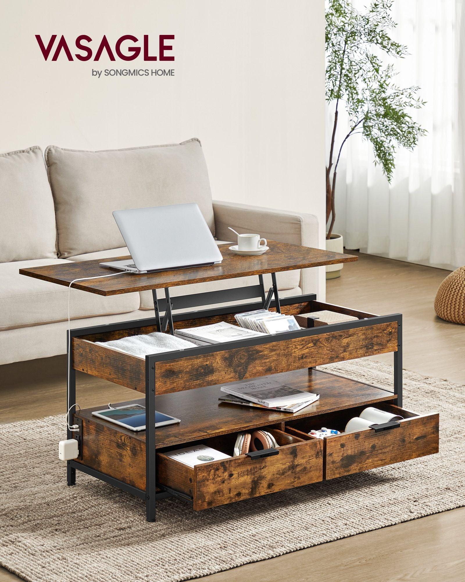 Lift Top Coffee Table with Power Outlet Rustic Brown and Classic Black FredCo