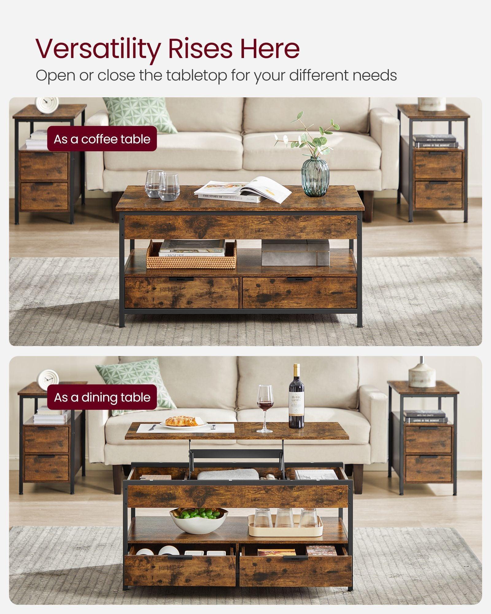 Lift Top Coffee Table with Power Outlet Rustic Brown and Classic Black FredCo