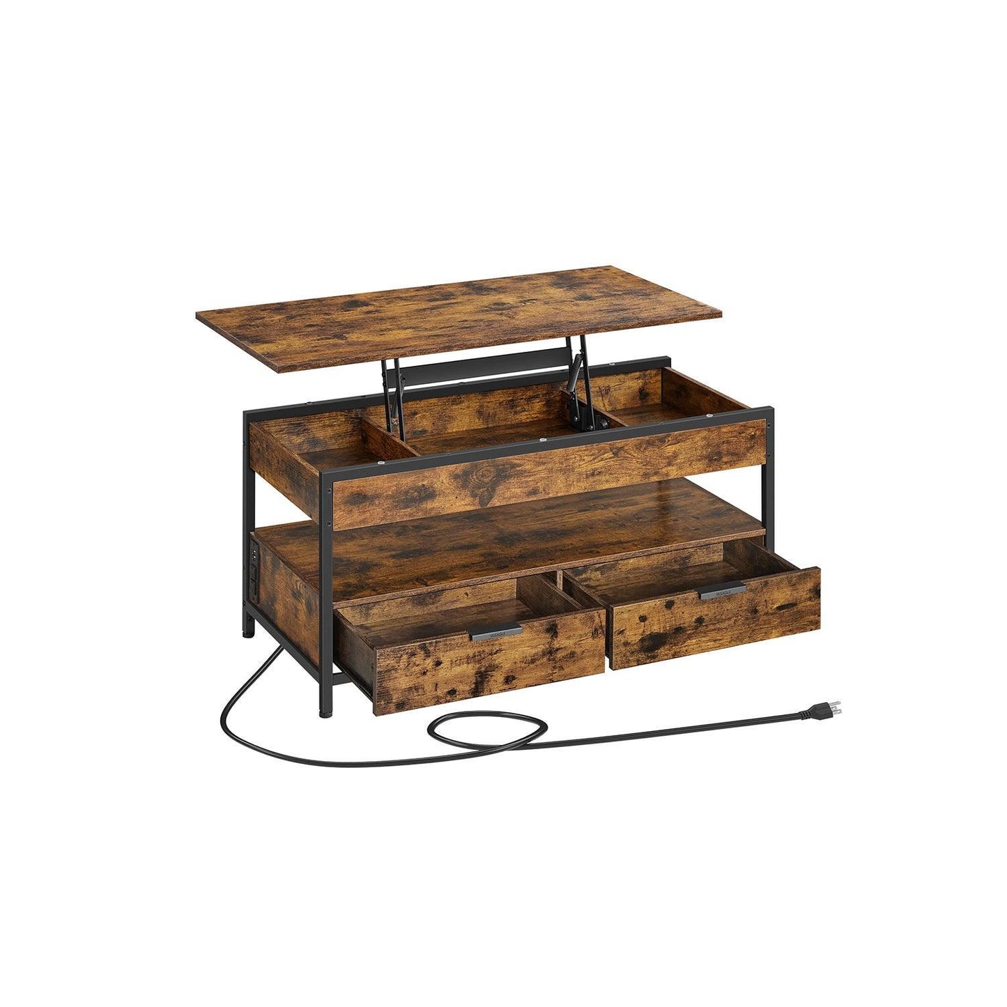 Lift Top Coffee Table with Power Outlet Rustic Brown and Classic Black FredCo