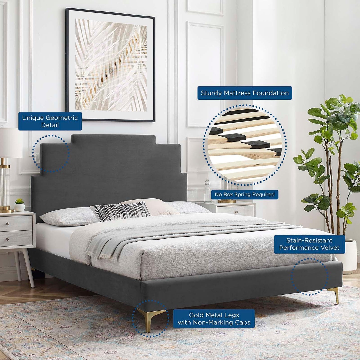 Lindsey Performance Velvet King Platform Bed, MOD-6925 FredCo