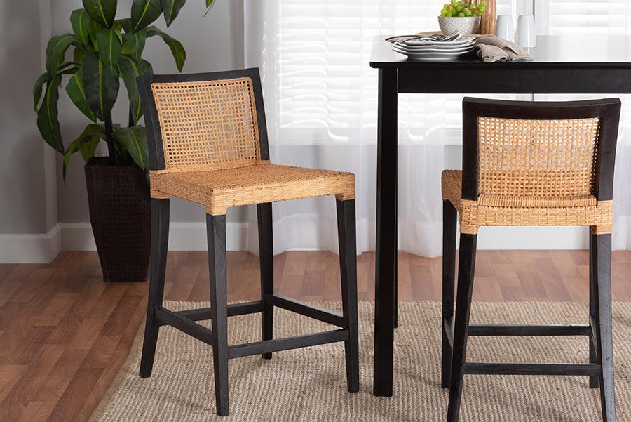Lingga Modern Bohemian Dark Brown Mahogany Wood and Natural Rattan Counter Stool FredCo