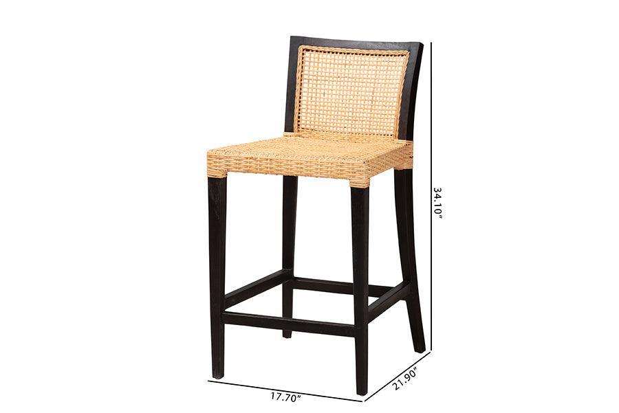 Lingga Modern Bohemian Dark Brown Mahogany Wood and Natural Rattan Counter Stool FredCo