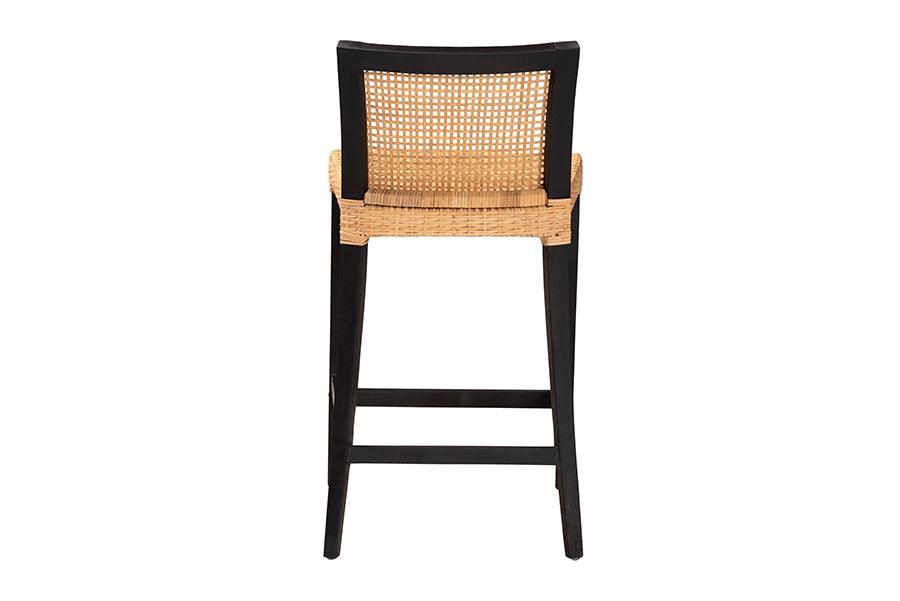 Lingga Modern Bohemian Dark Brown Mahogany Wood and Natural Rattan Counter Stool FredCo