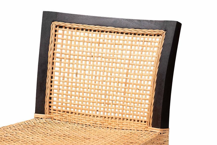 Lingga Modern Bohemian Dark Brown Mahogany Wood and Natural Rattan Counter Stool FredCo