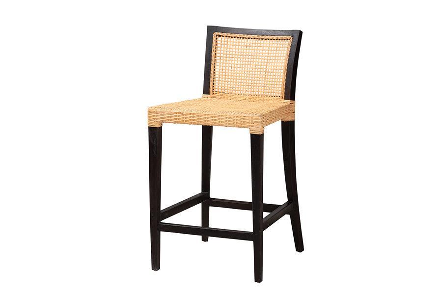 Lingga Modern Bohemian Dark Brown Mahogany Wood and Natural Rattan Counter Stool FredCo